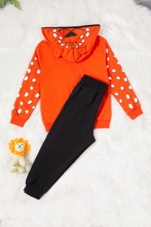 Turuncu Ayıcık Nakışlı Kapşonlu Hırkalı Erkek Bebek Takımı 16951