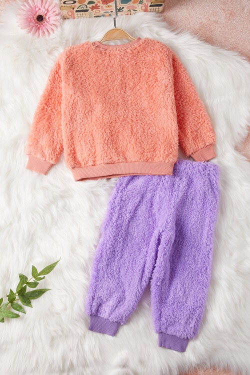 Turuncu Çiçek Nakışlı Kız Bebek Peluş Eşofman Takımı 17120