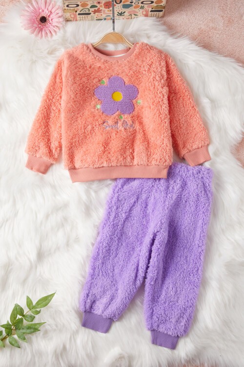 Turuncu Çiçek Nakışlı Kız Bebek Peluş Eşofman Takımı 17120