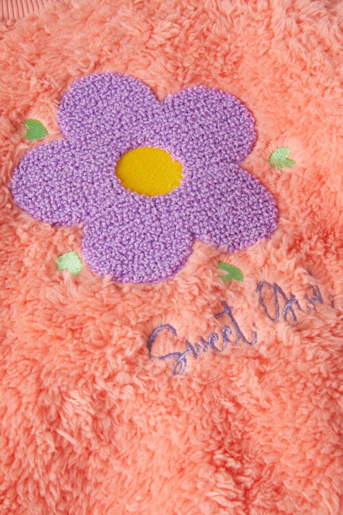 Turuncu Çiçek Nakışlı Kız Bebek Peluş Eşofman Takımı 17120