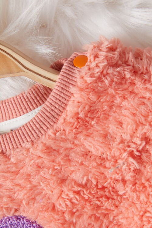 Turuncu Çiçek Nakışlı Kız Bebek Peluş Eşofman Takımı 17120