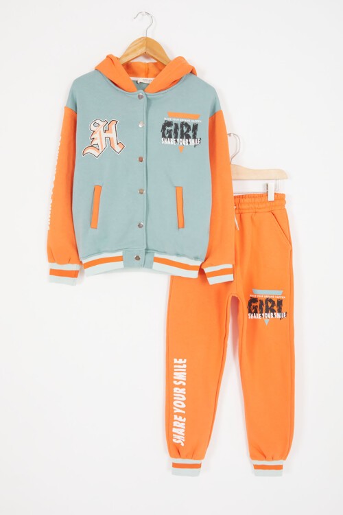 Turuncu Girl Yazı Baskılı Kapüşonlu Şardonlu Kolej Eşofman Takım 17071