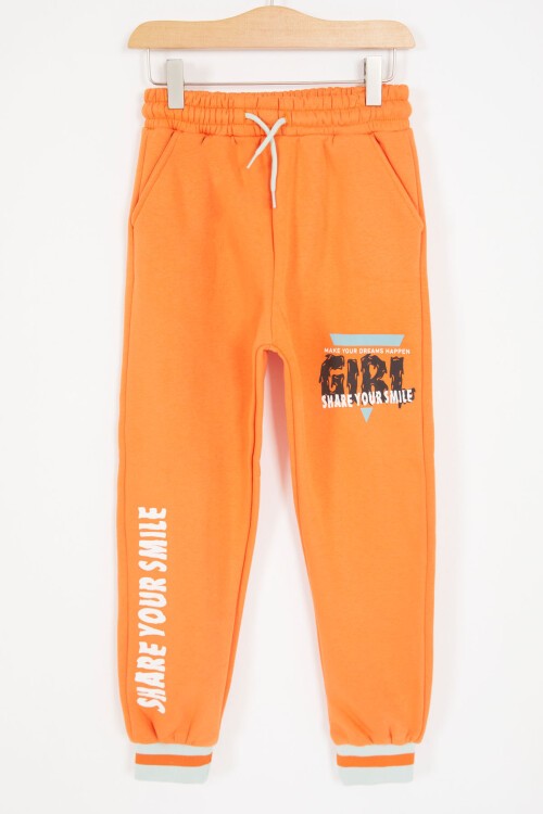 Turuncu Girl Yazı Baskılı Kapüşonlu Şardonlu Kolej Eşofman Takım 17071