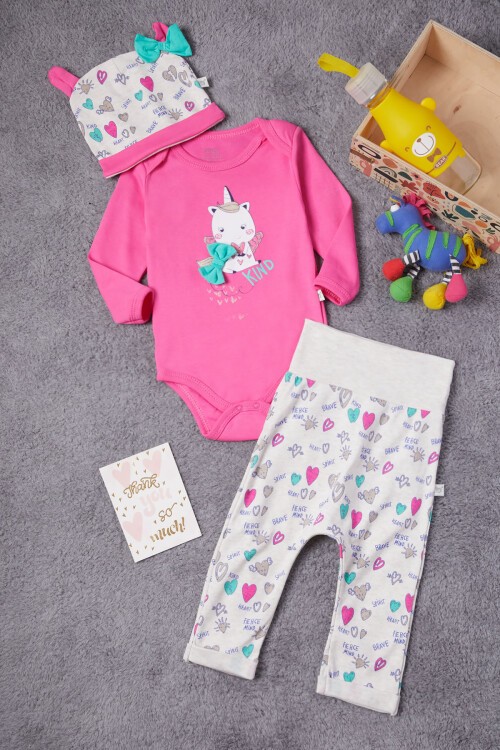 Unicorn Baskılı Çıtçıtlı Badili Şapkalı Kız Bebek Takım 16721