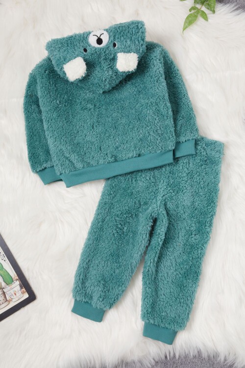Yeşil Ayıcık Nakışlı Erkek Bebek Peluş Eşofman Takımı 17161