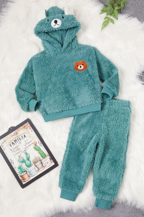 Yeşil Ayıcık Nakışlı Erkek Bebek Peluş Eşofman Takımı 17161