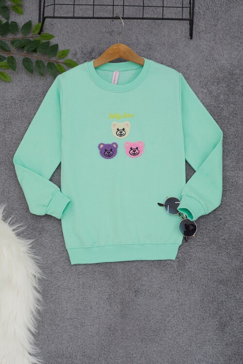 Yeşil Ayıcık Nakışlı Kız Çocuk Kız Çocuk Sweatshirt 17198