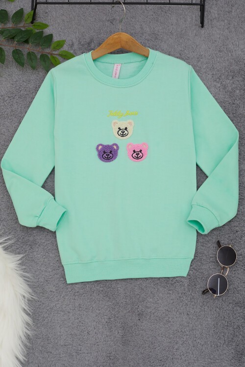 Yeşil Ayıcık Nakışlı Kız Çocuk Kız Çocuk Sweatshirt 17198