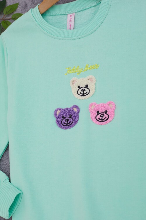 Yeşil Ayıcık Nakışlı Kız Çocuk Kız Çocuk Sweatshirt 17198