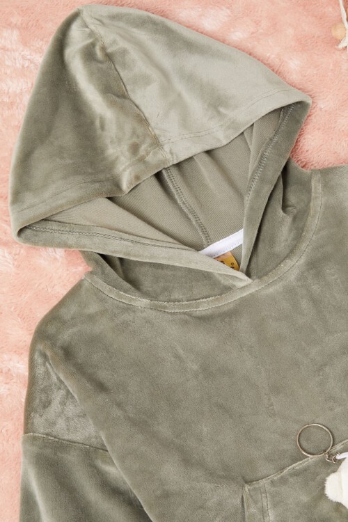 Yeşil Ayıcıklı Kanguru Cepli Kız Kadife Eşofman Takımı 16575