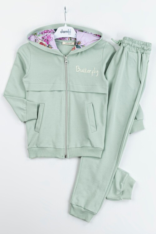 Yeşil Butterfly Baskı Kapşonlu Hırkalı Kız Takımı 16634
