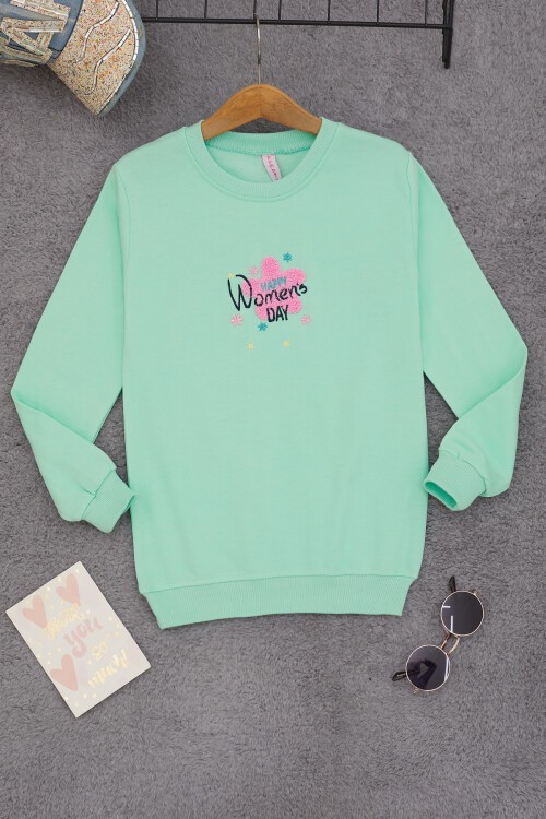 Yeşil Çiçek Nakışlı Kız Çocuk Kız Çocuk Sweatshirt 17192