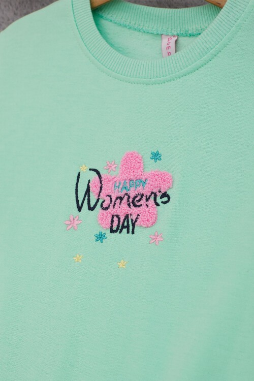 Yeşil Çiçek Nakışlı Kız Çocuk Kız Çocuk Sweatshirt 17192