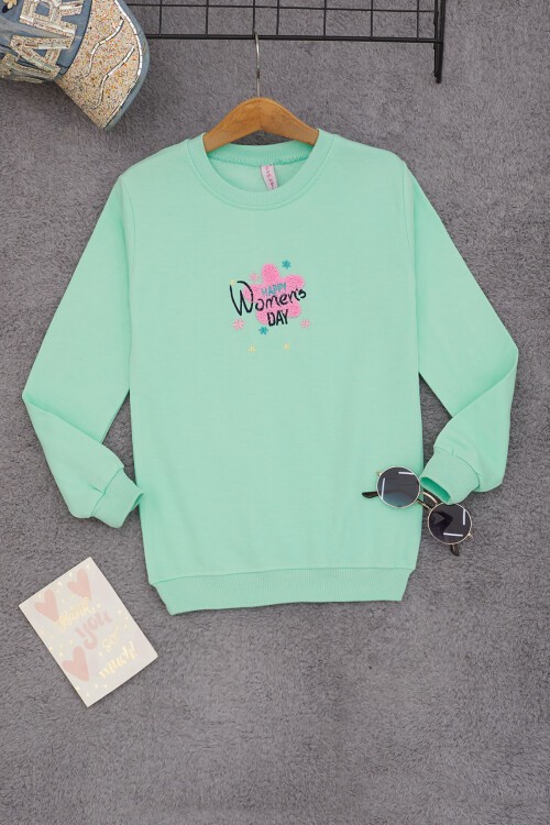 Yeşil Çiçek Nakışlı Kız Çocuk Kız Çocuk Sweatshirt 17192