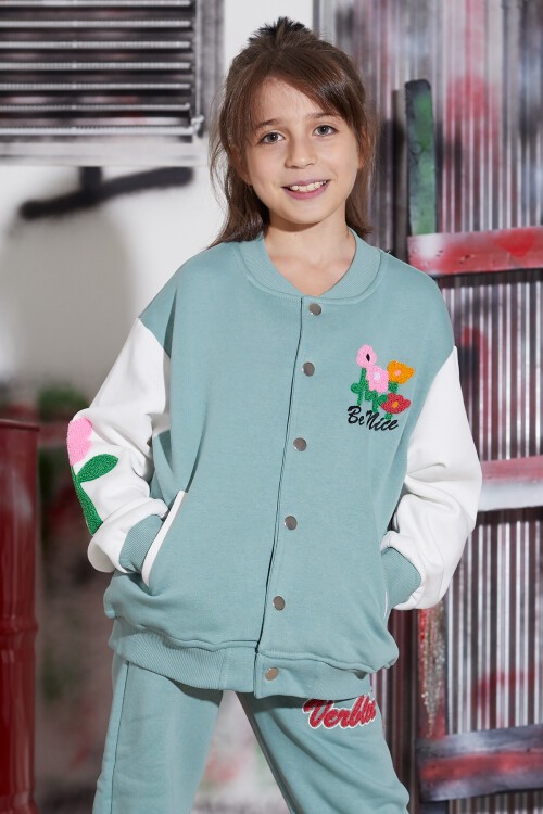 Yeşil Çiçekli Kolej Ceketli Kız Çocuk Şardonlu Eşofman Takımı 16821