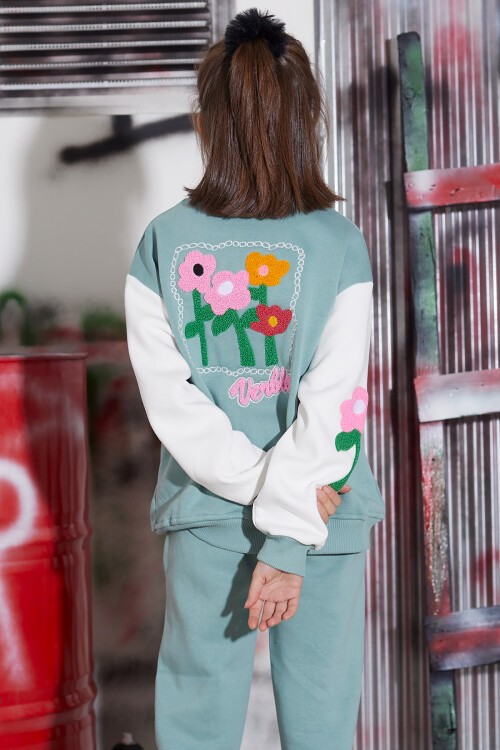 Yeşil Çiçekli Kolej Ceketli Kız Çocuk Şardonlu Eşofman Takımı 16821