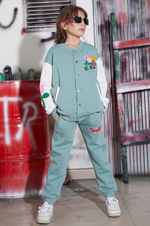 Yeşil Çiçekli Kolej Ceketli Kız Çocuk Şardonlu Eşofman Takımı 16821