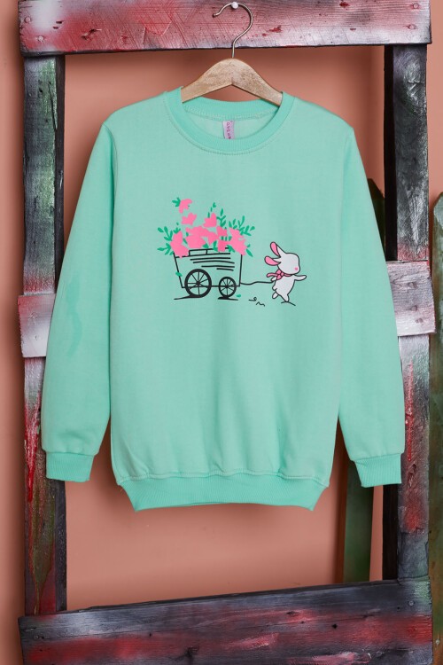 Yeşil Çiçekli Tavşan Baskılı Kız Çocuk Sweatshirt 17276