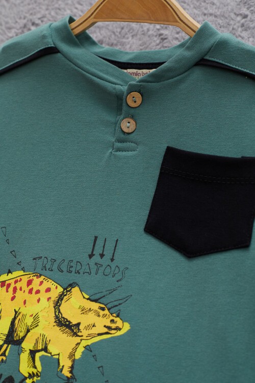 Yeşil Dinozor Baskılı Cepli Erkek Bebek Eşofman Takımı 17321