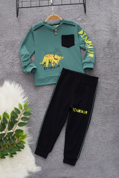 Yeşil Dinozor Baskılı Cepli Erkek Bebek Eşofman Takımı 17321