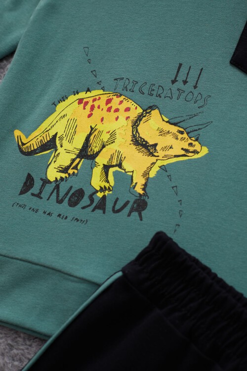 Yeşil Dinozor Baskılı Cepli Erkek Bebek Eşofman Takımı 17321