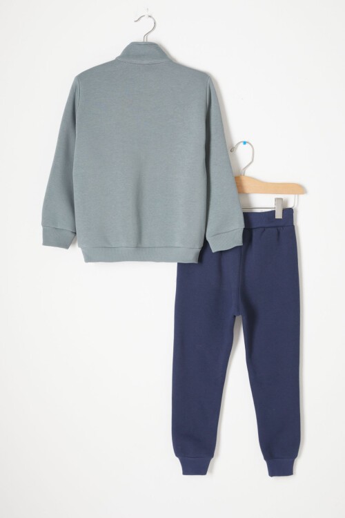 Yeşil Fermuarlı Yaka Yazılı Erkek Çocuk Polarlı Eşofman Takımı 16739