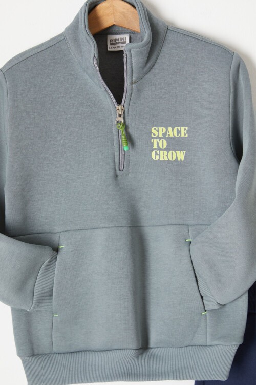 Yeşil Fermuarlı Yaka Yazılı Erkek Çocuk Polarlı Eşofman Takımı 16739