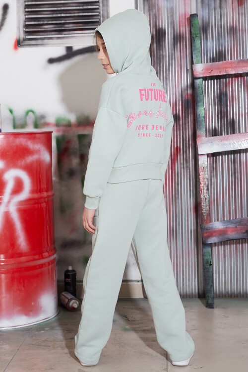 Yeşil Future Yazılı Sırtı Baskılı Polarlı Kız Kapşonlu Eşofman Takımı 16744