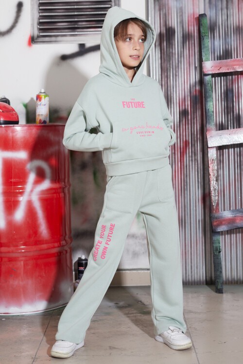 Yeşil Future Yazılı Sırtı Baskılı Polarlı Kız Kapşonlu Eşofman Takımı 16744
