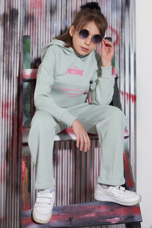 Yeşil Future Yazılı Sırtı Baskılı Polarlı Kız Kapşonlu Eşofman Takımı 16744