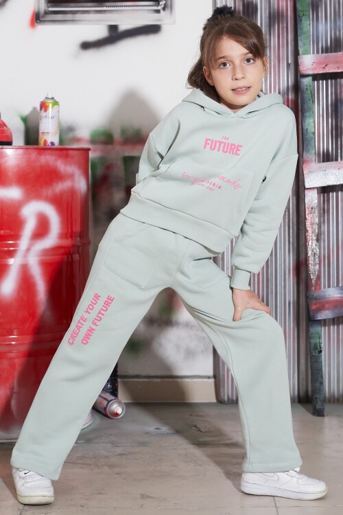 Yeşil Future Yazılı Sırtı Baskılı Polarlı Kız Kapşonlu Eşofman Takımı 16744