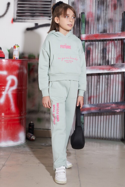 Yeşil Future Yazılı Sırtı Baskılı Polarlı Kız Kapşonlu Eşofman Takımı 16744