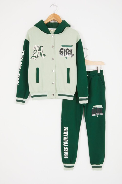 Yeşil Girl Yazı Baskılı Kapüşonlu Şardonlu Kolej Eşofman Takım 17072