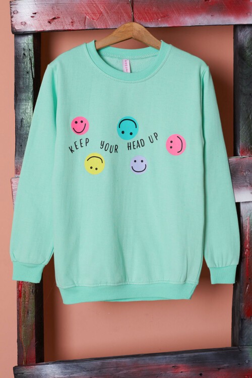 Yeşil Gülen Yüz Baskılı Kız Çocuk Bisiklet Yaka Sweatshirt 17281