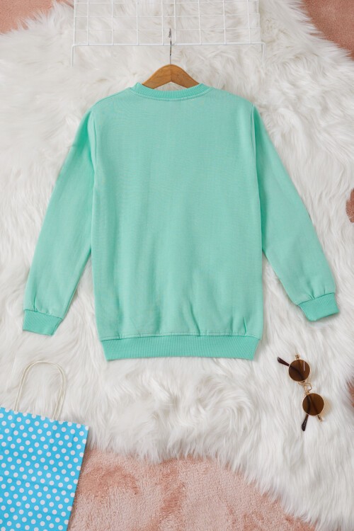 Yeşil Gülen Yüz Baskılı Kız Çocuk Bisiklet Yaka Sweatshirt 17281