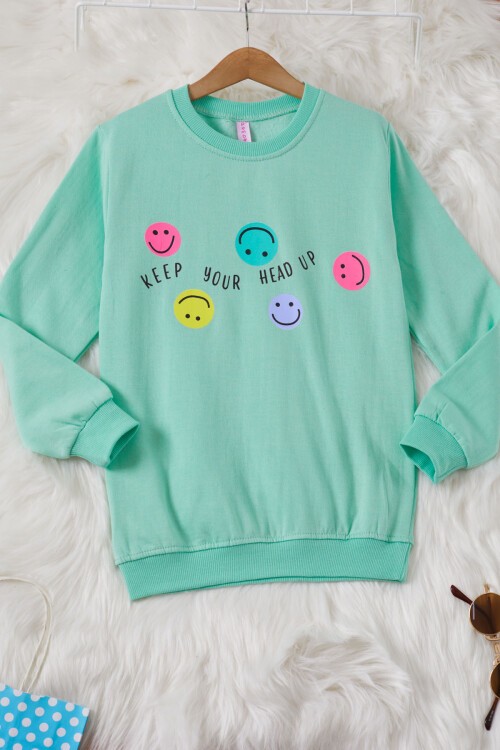 Yeşil Gülen Yüz Baskılı Kız Çocuk Bisiklet Yaka Sweatshirt 17281