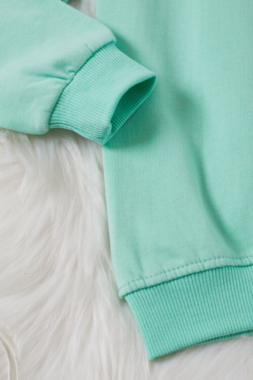 Yeşil Gülen Yüz Baskılı Kız Çocuk Bisiklet Yaka Sweatshirt 17281