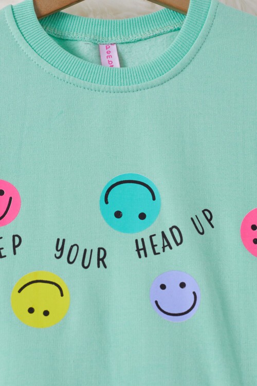 Yeşil Gülen Yüz Baskılı Kız Çocuk Bisiklet Yaka Sweatshirt 17281