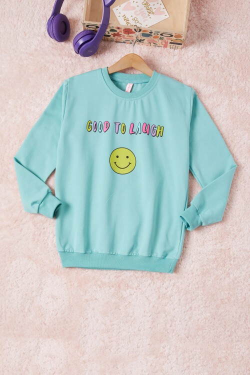 Yeşil Gülen Yüz Sırtı Baskılı Kız Çocuk Sweatshirt 16707