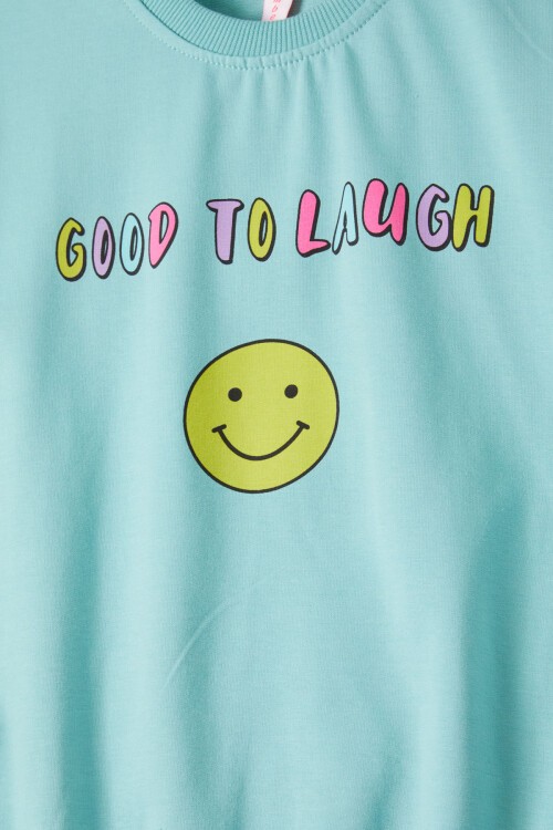 Yeşil Gülen Yüz Sırtı Baskılı Kız Çocuk Sweatshirt 16707