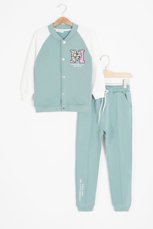 Yeşil Harf Nakışlı Kolej Ceketli Kız Çocuk Şardonlu Eşofman Takımı 16825