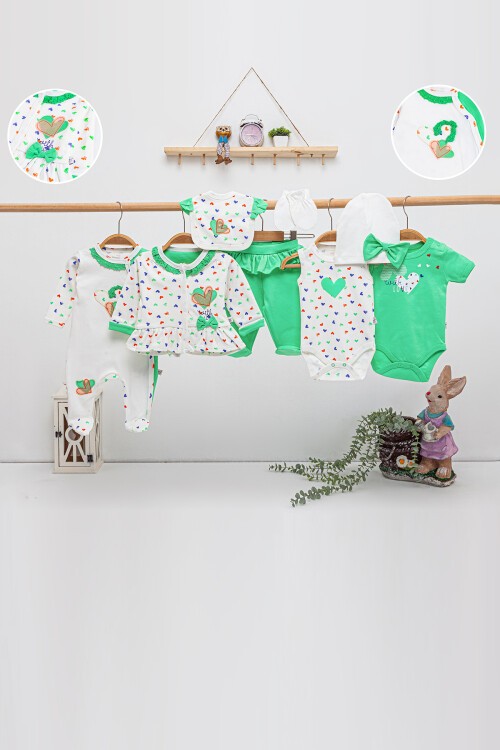 Yeşil Kalp Desenli 8li Bebek Hastane Çıkışı Seti 16889