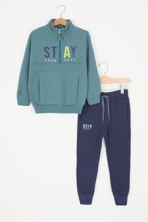 Yeşil Kanguru Cepli Fermuar Yakalı Erkek Çocuk Şardonlu Eşofman Takımı 16969