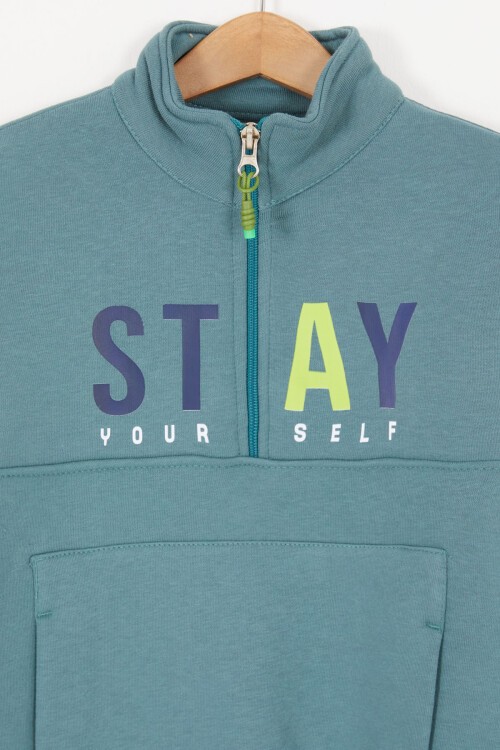 Yeşil Kanguru Cepli Fermuar Yakalı Erkek Çocuk Şardonlu Eşofman Takımı 16969