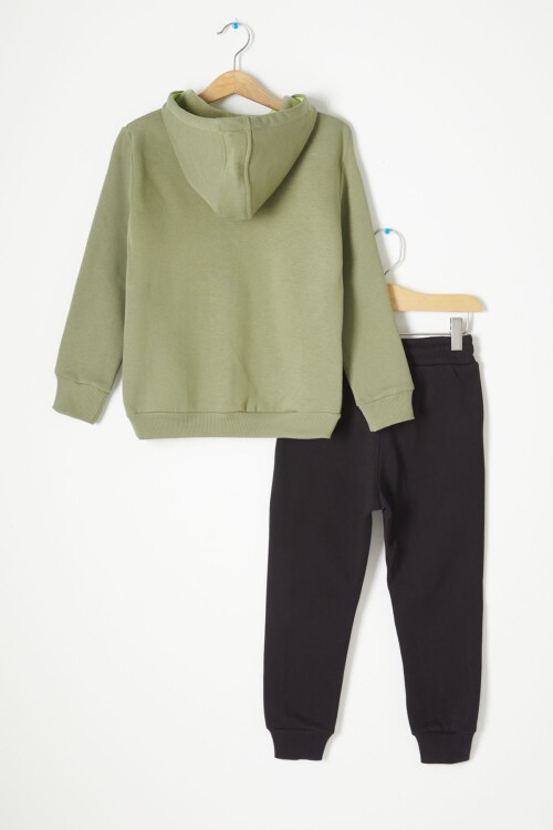 Yeşil Kanguru Cepli Polarlı Erkek Çocuk Kapşonlu Eşofman Takımı 16731