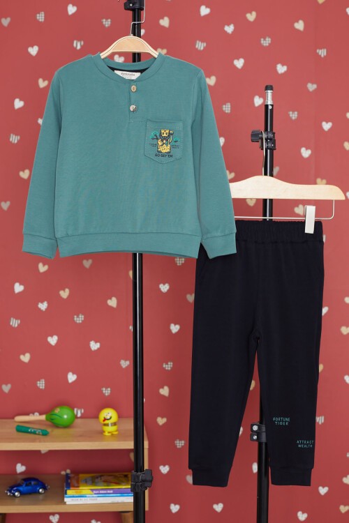 Yeşil Kaplan Baskılı Cepli Erkek Bebek Eşofman Takımı 17317