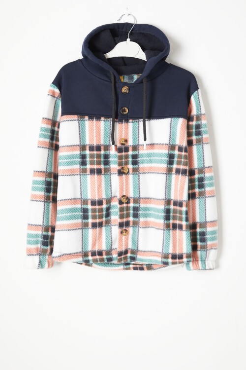 Yeşil Kare Desenli Kapüşonlu Çocuk Polar Hırka 16756