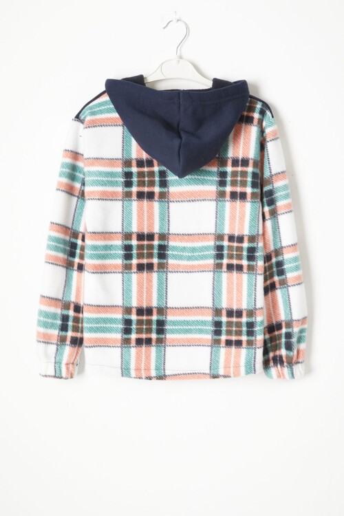 Yeşil Kare Desenli Kapüşonlu Çocuk Polar Hırka 16756