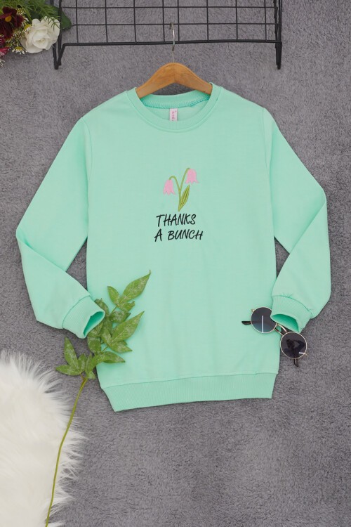 Yeşil Lale Nakışlı Kız Çocuk Kız Çocuk Sweatshirt 17210