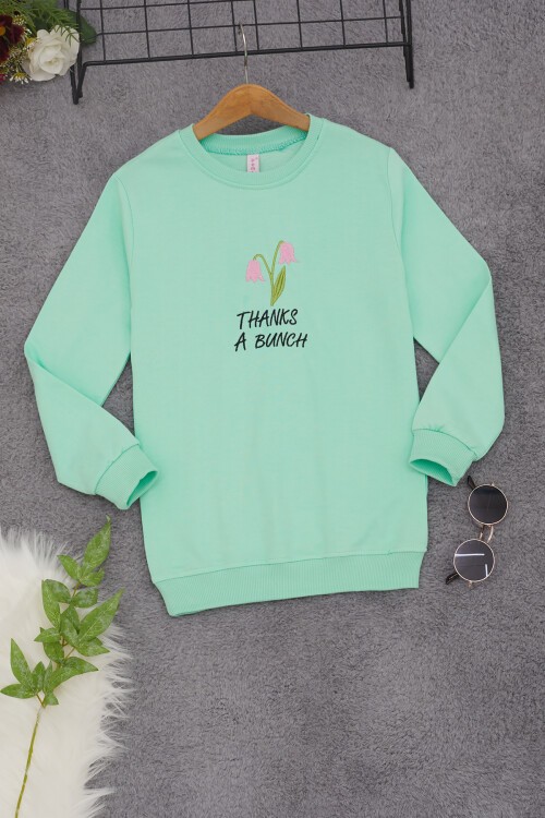 Yeşil Lale Nakışlı Kız Çocuk Kız Çocuk Sweatshirt 17210